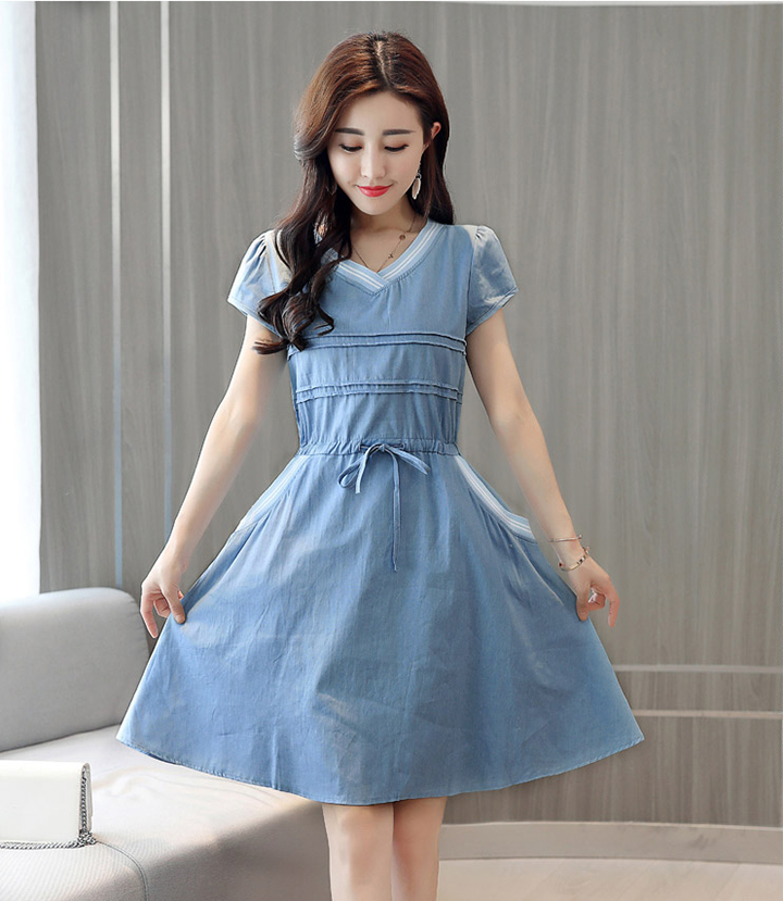 ĐẦM JEAN FORM A CỔ TIM BO THUN THẮT EO